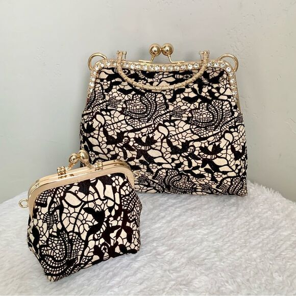 Handmade Real Hair-on-horsehide Black Lace Print Kisslock Bag & Small Purse Set - Picture 11 of 16